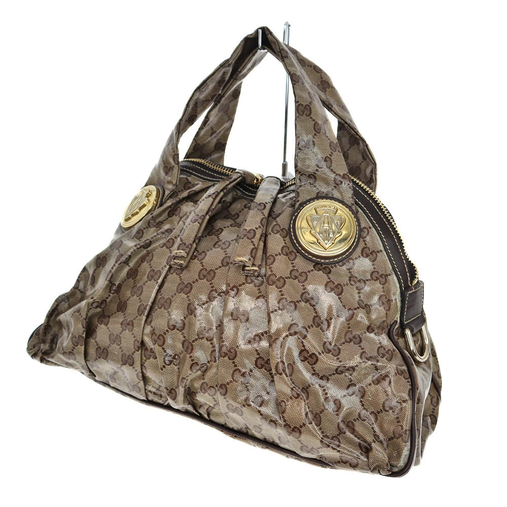 GUCCI Tote Bag Handbag Boston Brown GG Crystal Glossy Canvas